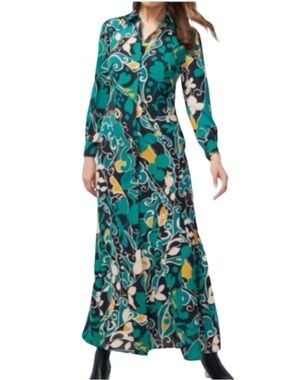 Chico’s Teal Artsy Print Button-Front Longsleeve Maxi Dress